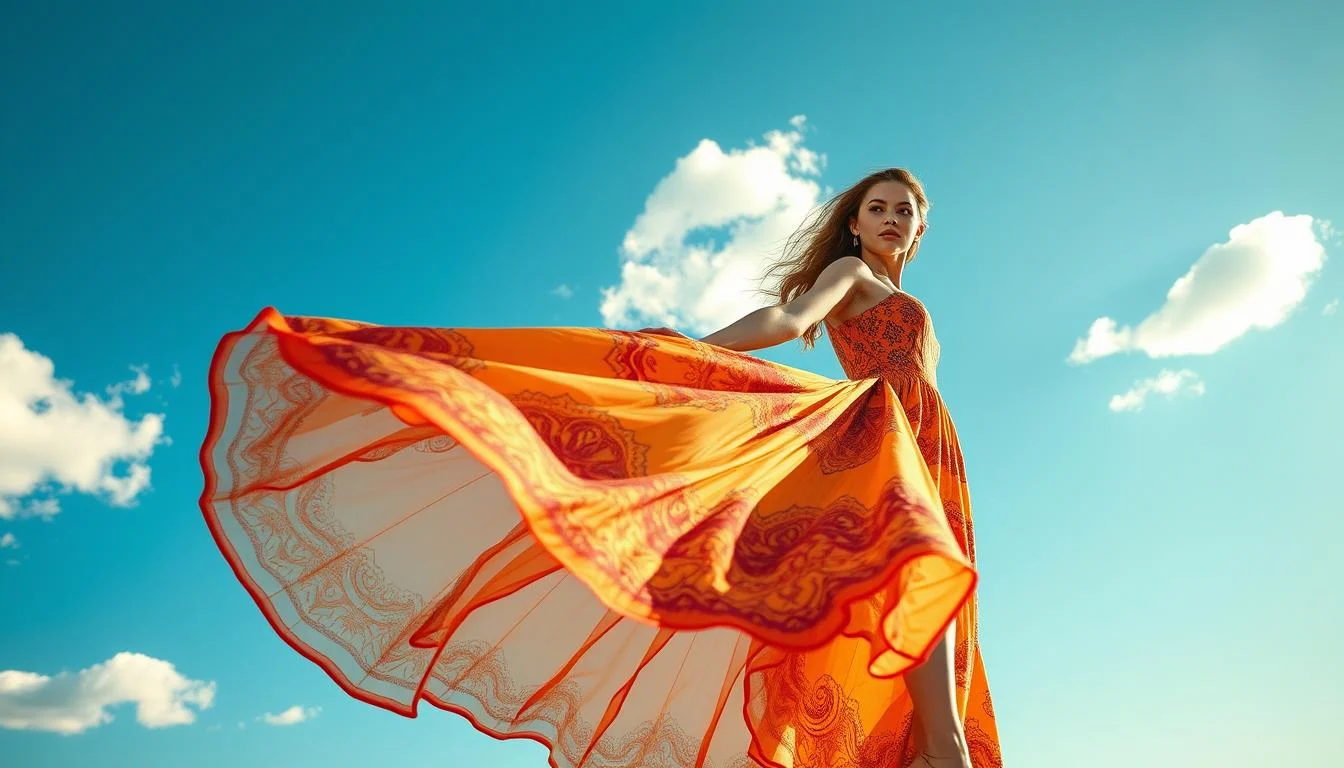 Woman in a flowing dress enjoying a hot air balloon ride over a golden desert landscape at sunrise in Dubai