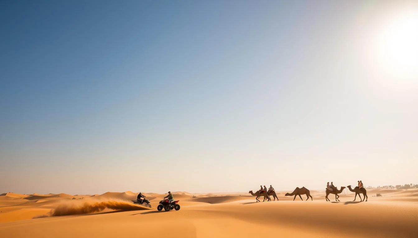 Tourists riding quad bikes and camels, and a 4x4 vehicle dune bashing across the vast Dubai desert at sunset
