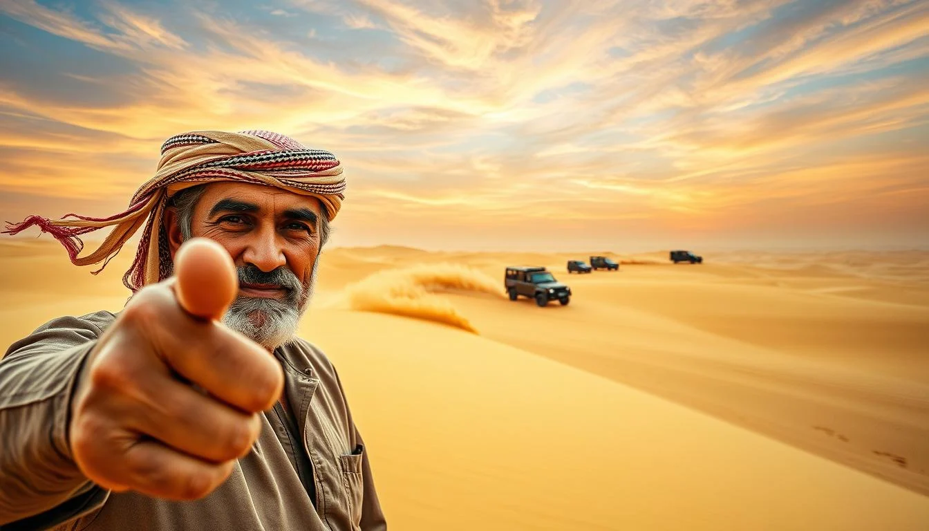 Tourists enjoying a desert safari in Abu Dhabi with dune bashing and camel treks, surrounded by golden dunes at sunset
