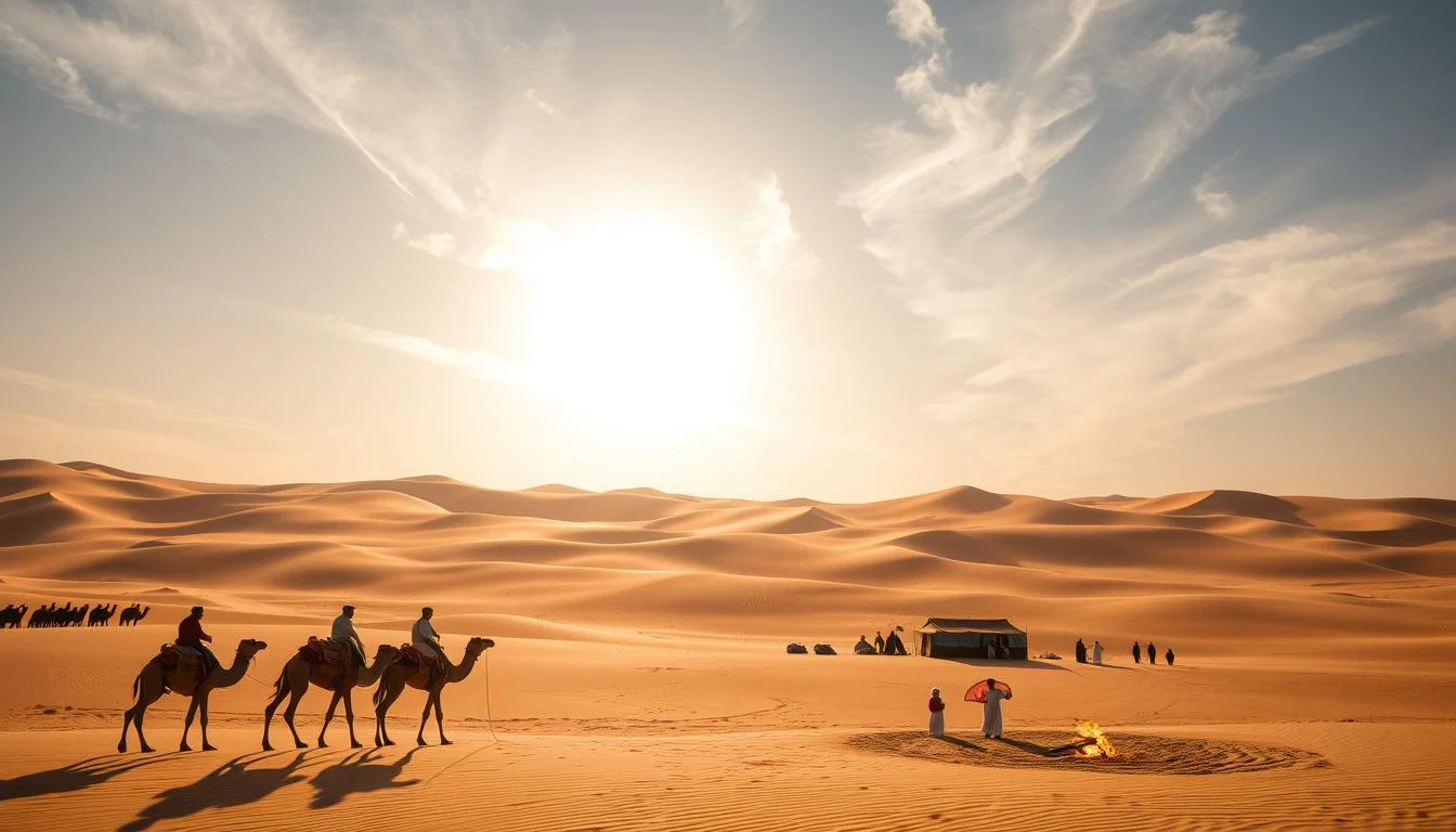 Tourists enjoying a traditional Bedouin camp experience under a starlit sky in the Abu Dhabi desert, with Arabic coffee and storytelling