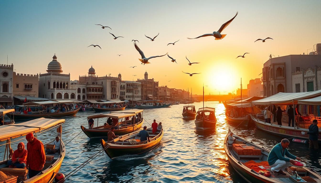 Tourists exploring the vibrant Gold Souk at Dubai Creek, surrounded by glittering jewelry displays and traditional architecture