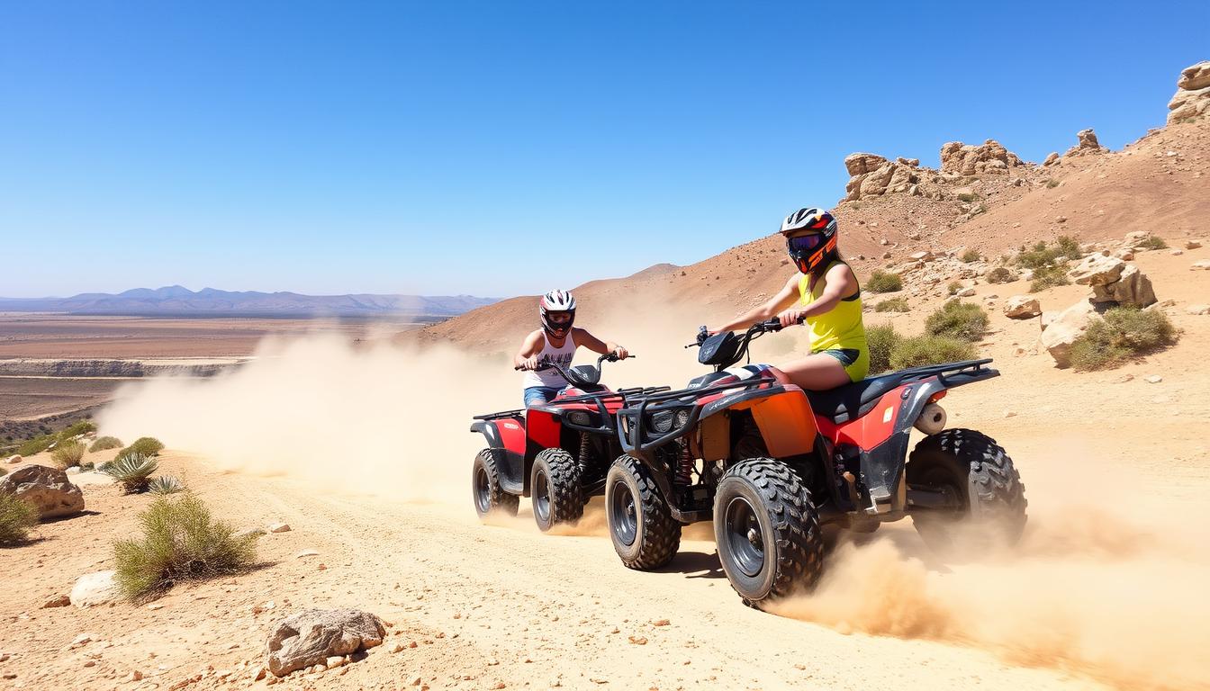Tourists on quad bikes exploring the rugged, desert-like landscape of Cyprus's Akamas Peninsula under a warm Mediterranean sun
