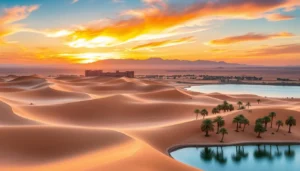 Tourists enjoying a thrilling desert safari with dune bashing and camel rides across the golden sands near Dubai
