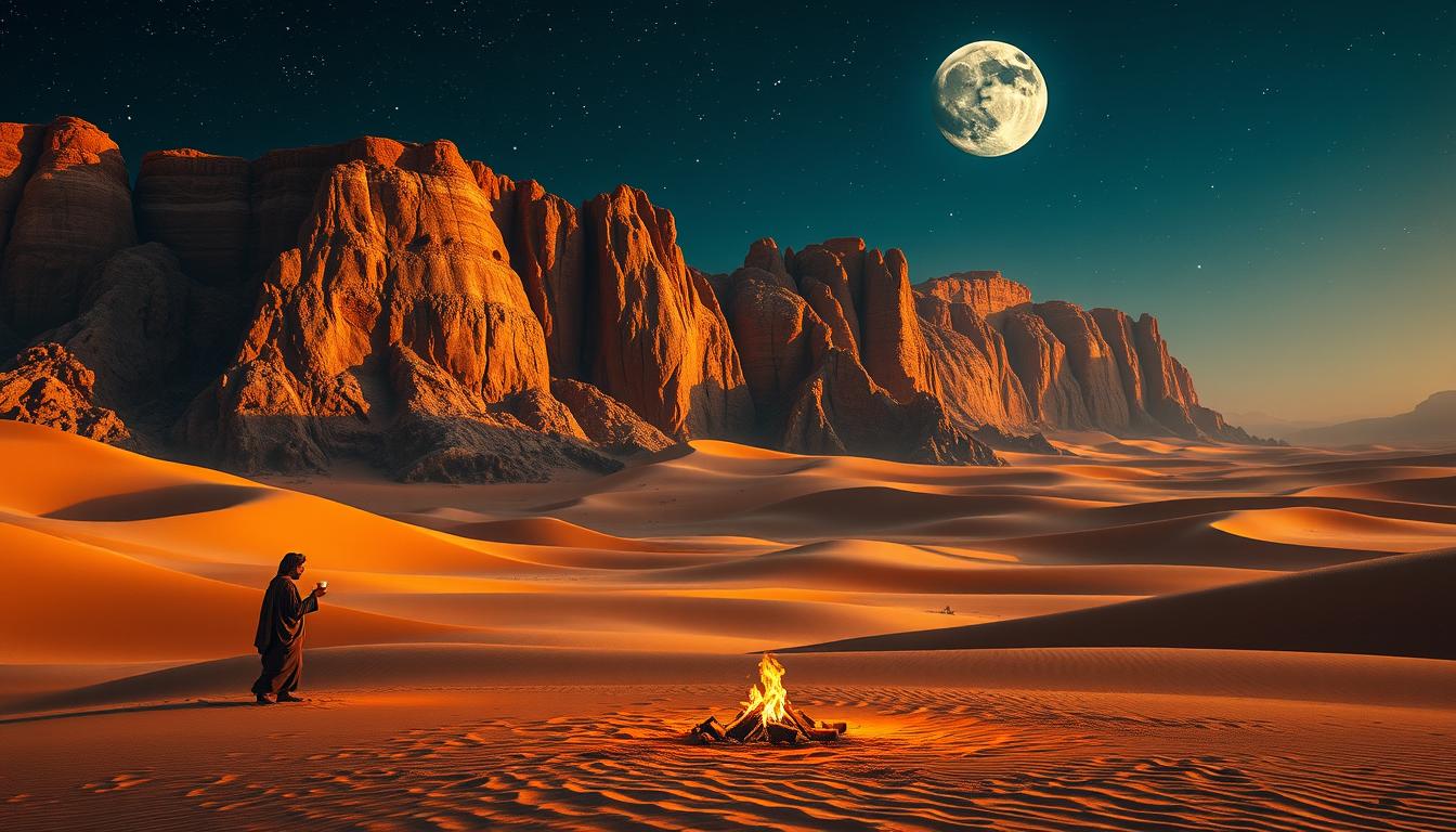Tourists enjoying a desert safari in Dubai, with a traditional Bedouin camp and golden sand dunes at sunset