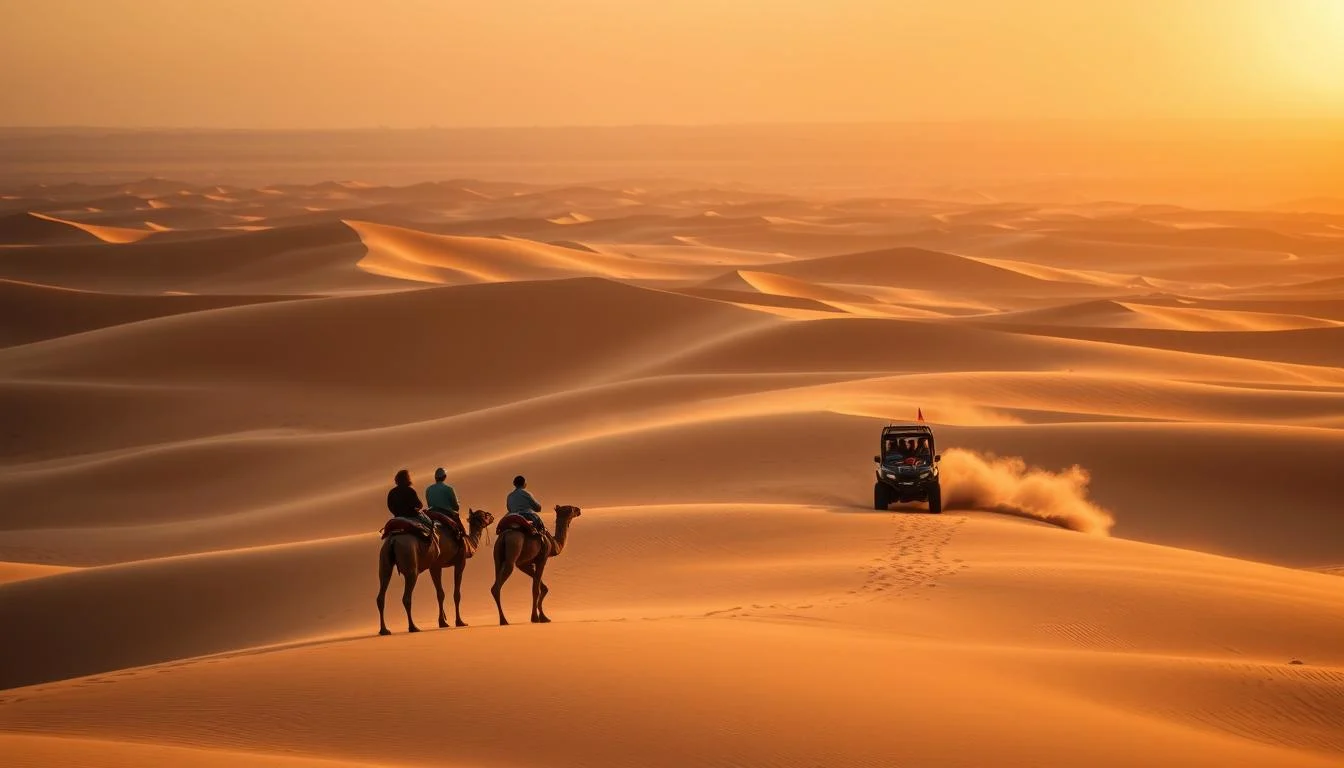 Tourists riding dune buggies across red Dubai dunes at sunset, with a golden sky and fast-beating hearts