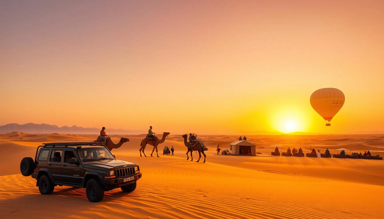 Tourists enjoying a thrilling dune bashing experience in a 4x4 vehicle across the golden desert dunes of Dubai at sunset