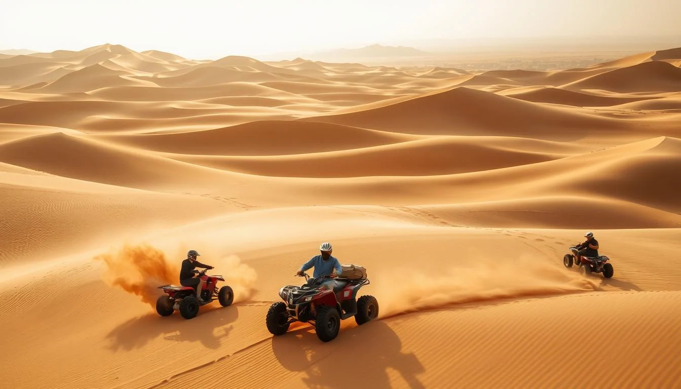 Tourists riding quad bikes and sandboarding down golden dunes during a desert safari in the Arabian desert at sunset