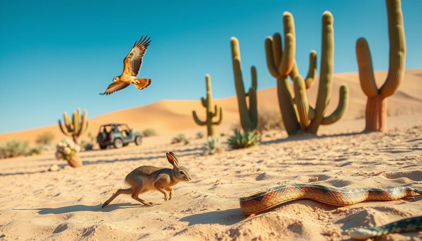 Tourists on a desert buggy tour spotting Arabian oryx and sand gazelles in the vast Dubai desert at sunrise