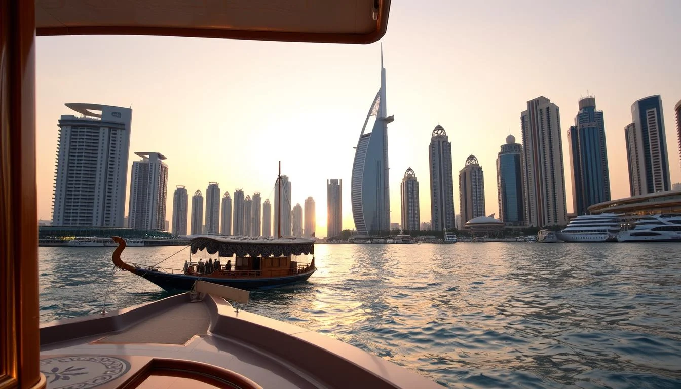 Traditional dhow boat sailing on Dubai Creek at sunset, with city skyline in the background, offering a unique cultural experience