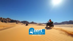 Adventurers on quad bikes traversing the vast, sandy dunes of Afghanistan's Registan Desert under a clear sky