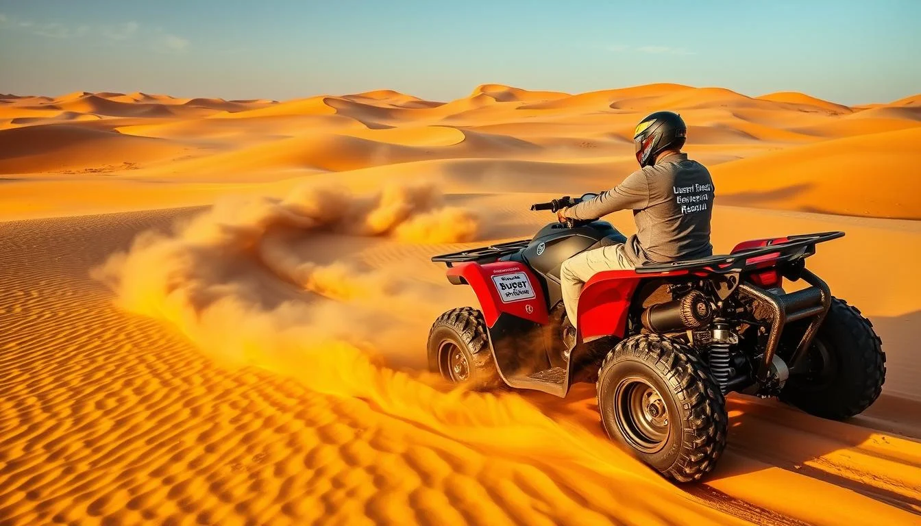 Tourists riding quad bikes across golden sand dunes in Tunisia's Sahara Desert near Douz at sunset