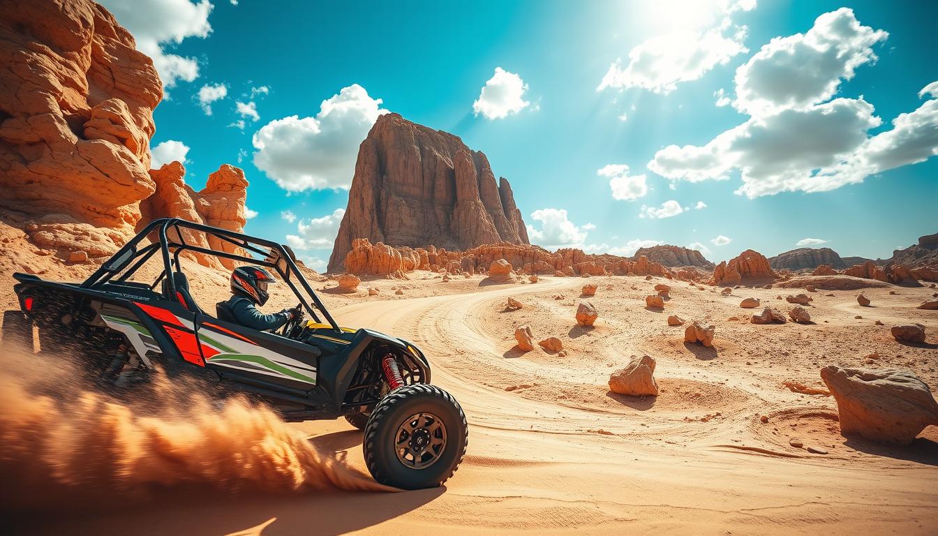 Tourists riding dune buggies across the varied terrain of Fossil Rock in Sharjah, with ancient geological formations in the background