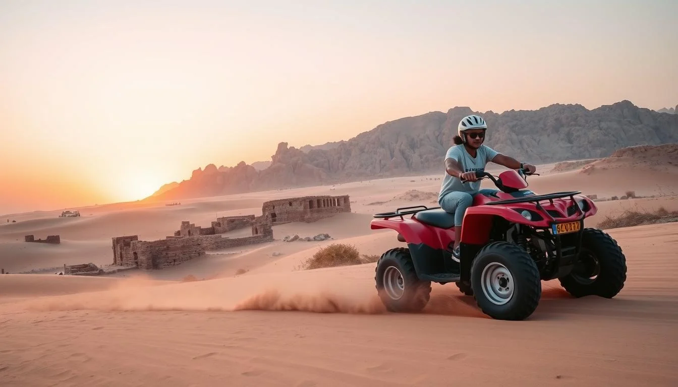 Tourists riding quad bikes through the red dunes of Sharjah's Mleiha Archaeological Zone at sunrise, with Fossil Rock in the background