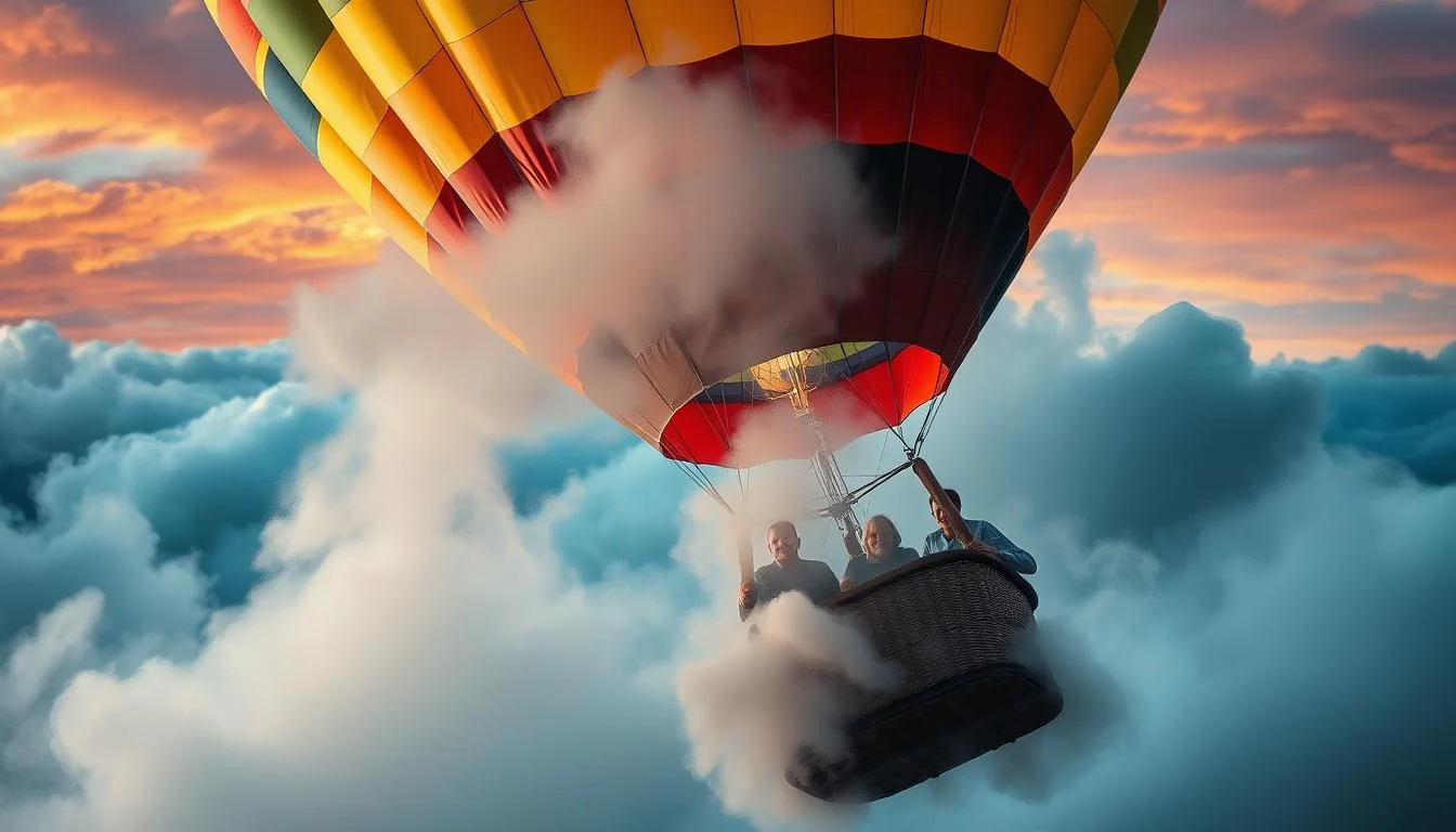 A hot air balloon gently floating over the vast desert landscape of Dubai at sunrise, offering a smooth and serene experience