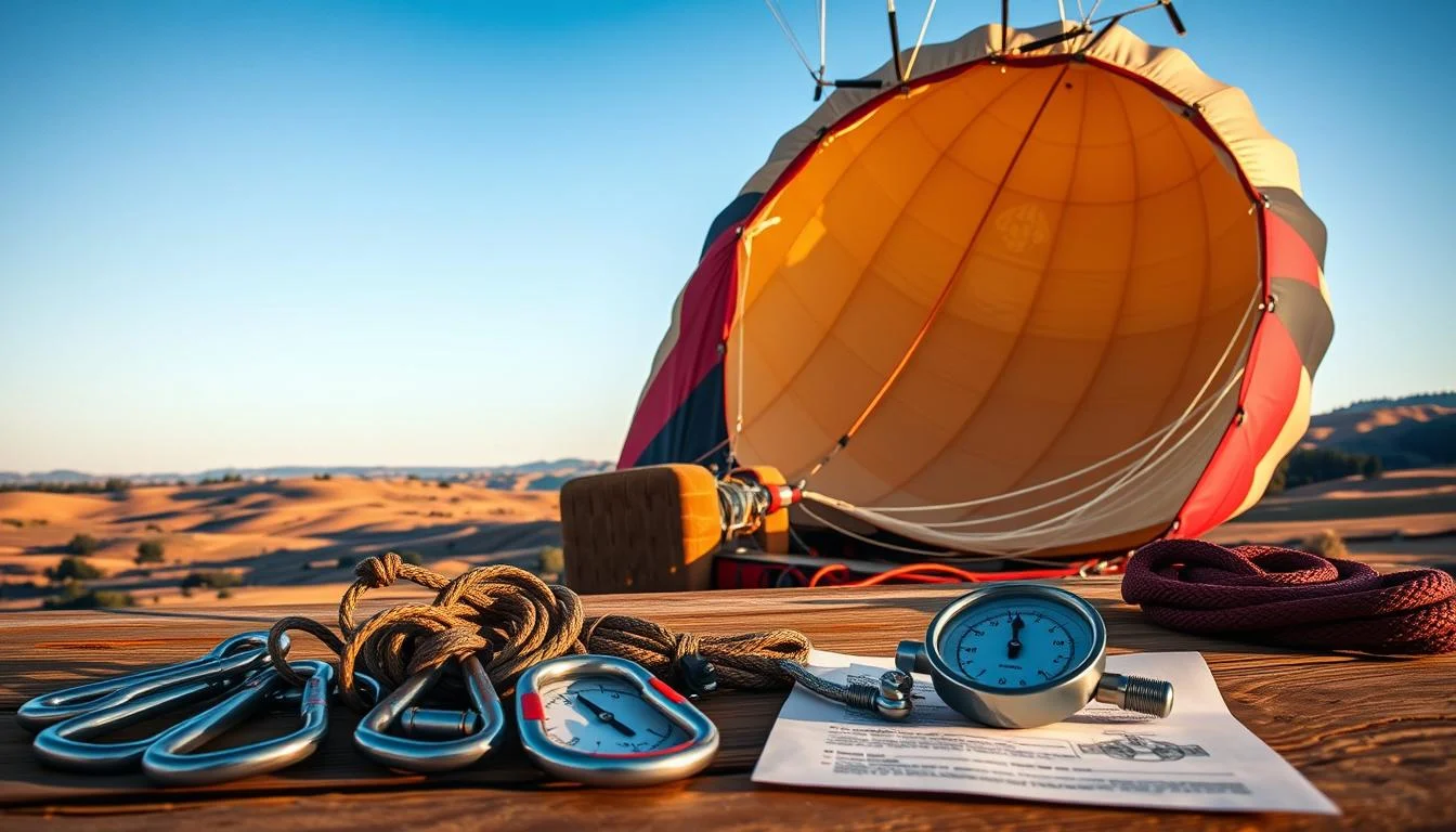 Hot air balloon basket with passengers floating over the vast Dubai desert at sunrise, emphasizing the scale and beauty of the experience