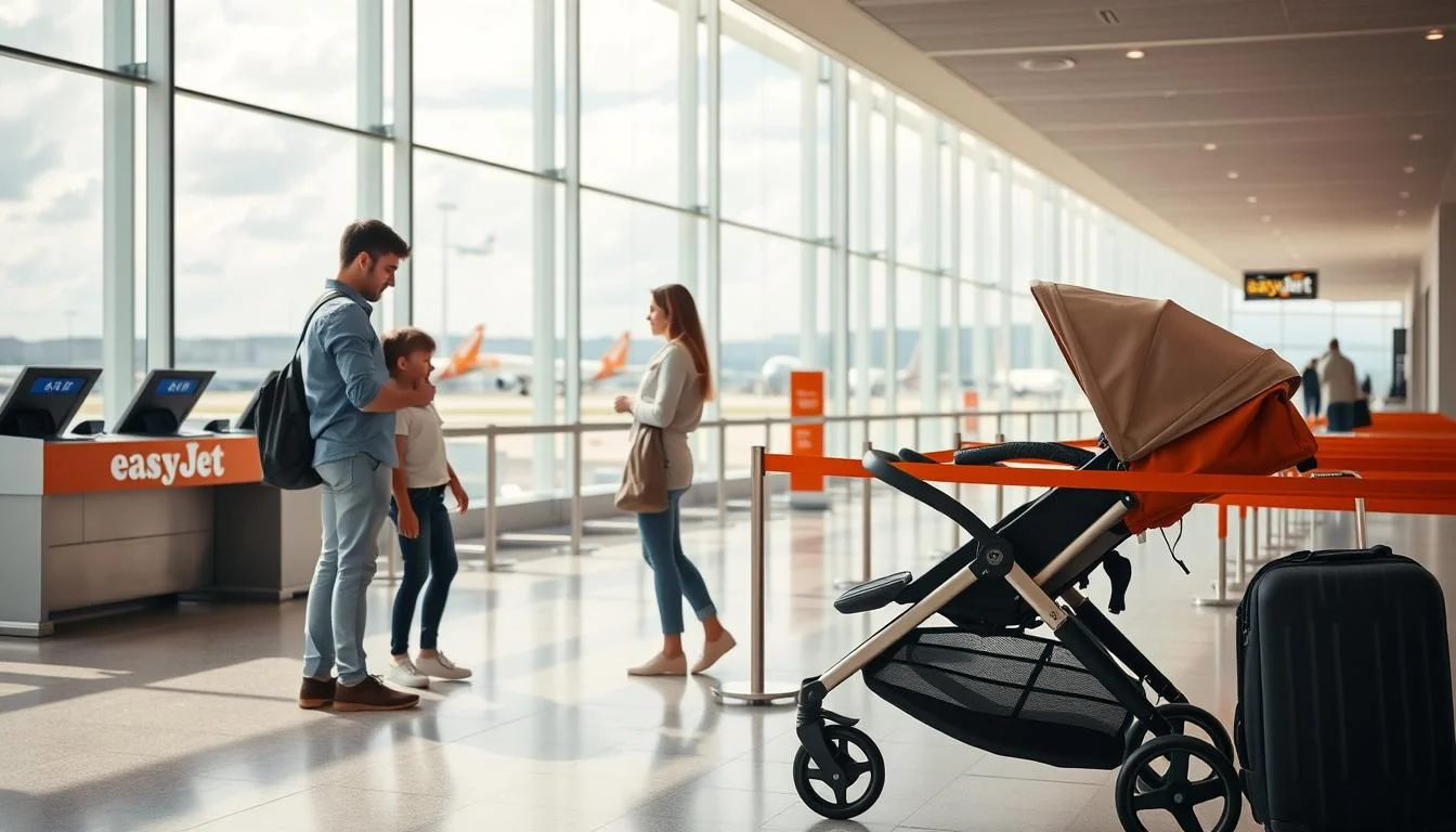 Parents with a child and a compact buggy navigating an airport terminal, preparing to board an EasyJet flight