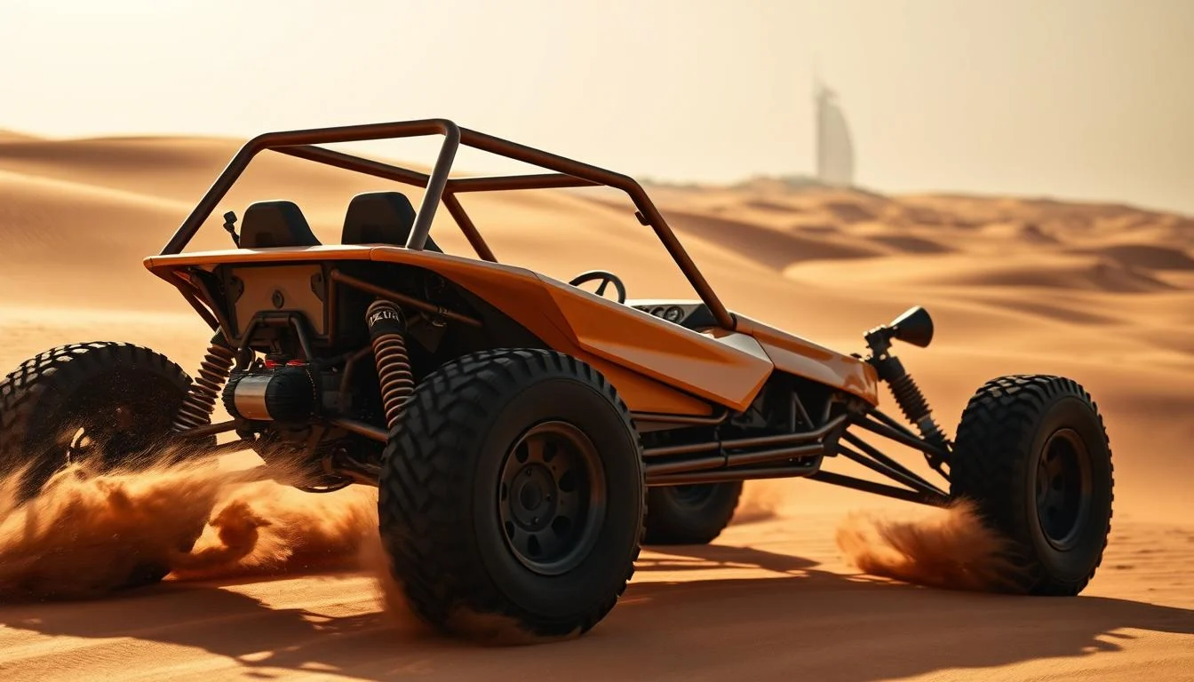 Tourists driving dune buggies through the golden sands of the Dubai desert under a clear blue sky, enjoying an adventurous off-road experience.