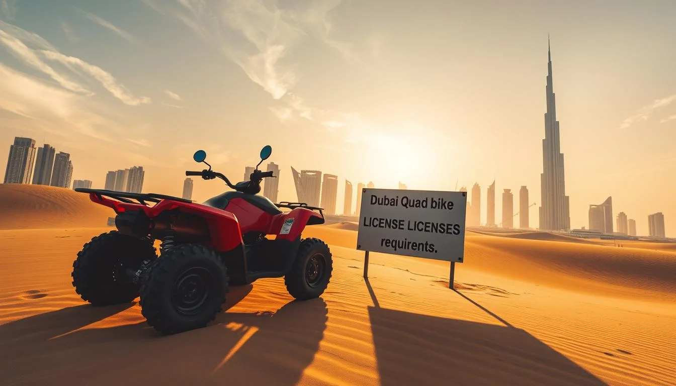 Tourists riding quad bikes across golden Dubai desert dunes under a bright sun, with safety gear on