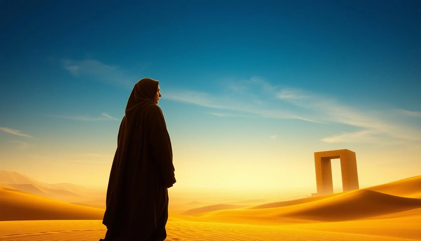 A still from the movie Dune showing characters in desert attire, reflecting the strong Islamic and Middle Eastern influences in the story's setting an