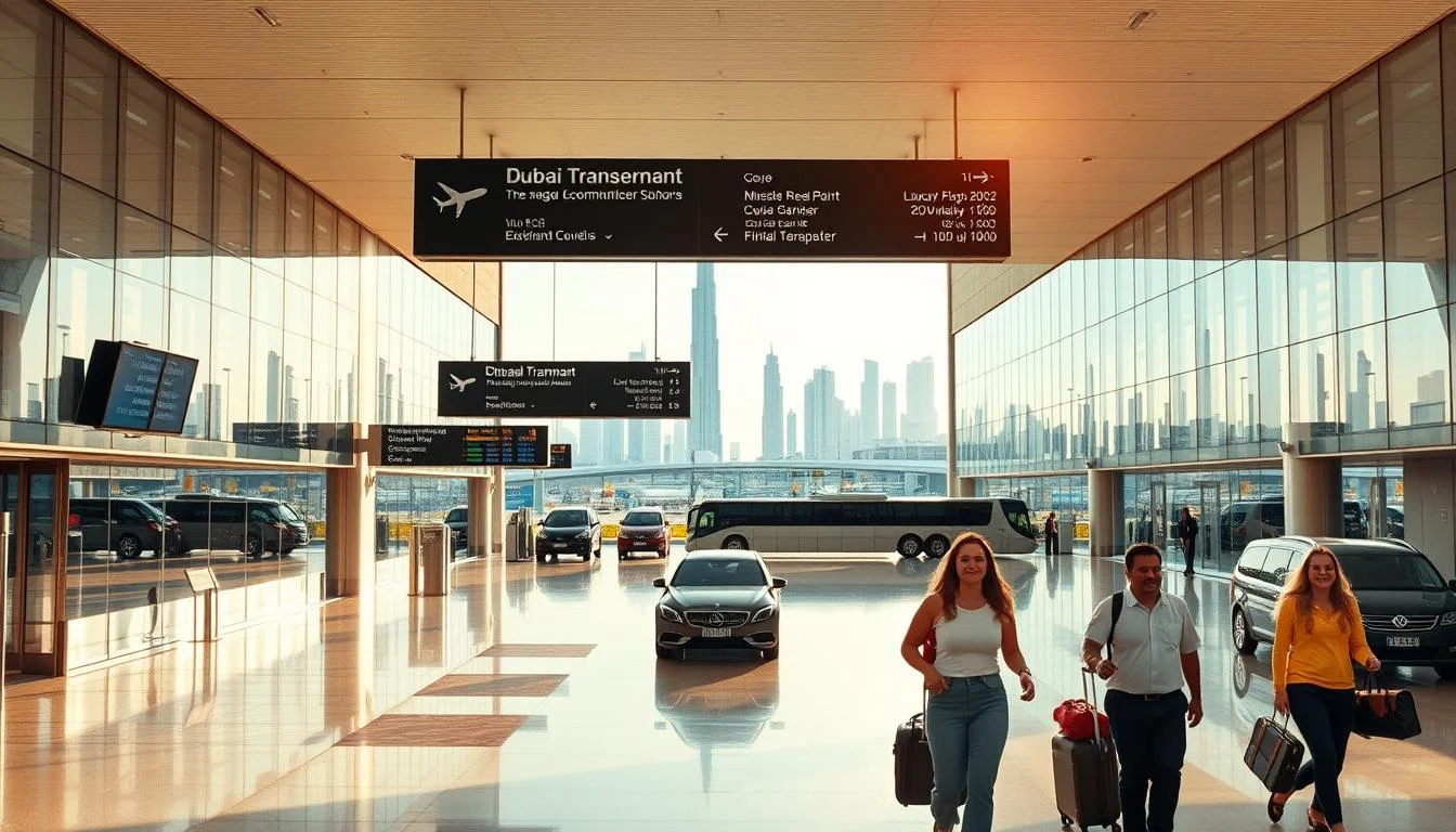Luxury car waiting at Dubai International Airport for arriving passengers, offering a comfortable and stylish transfer experience