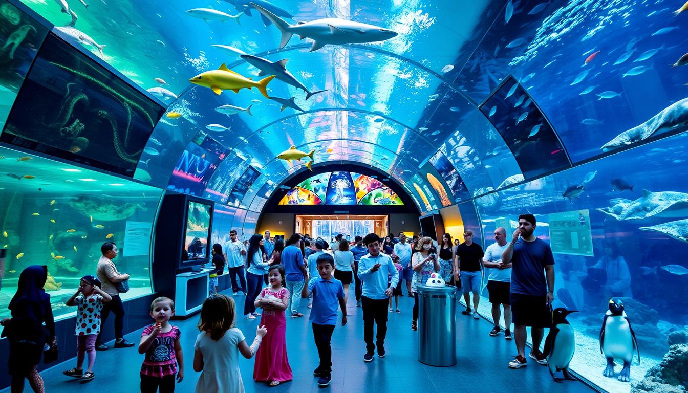 Family with young children marveling at sharks and marine life through the immense glass of the Dubai Aquarium tunnel