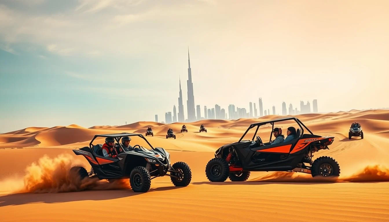 Tourists wearing helmets and safety gear, riding dune buggies across the golden Dubai desert at sunset with professional guidance