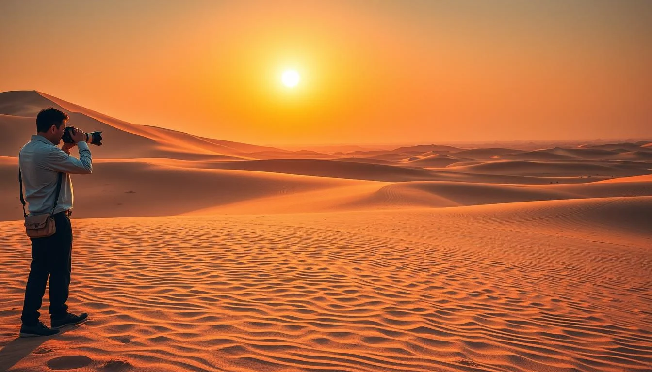 Photographer capturing the dramatic red dunes of the Dubai desert at sunset, with long shadows and warm golden light