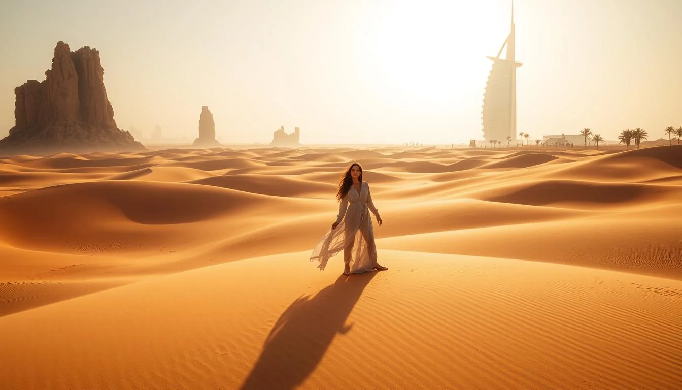 Photographer capturing a model in a flowing red dress against the vast red-gold dunes of the Dubai desert at sunset