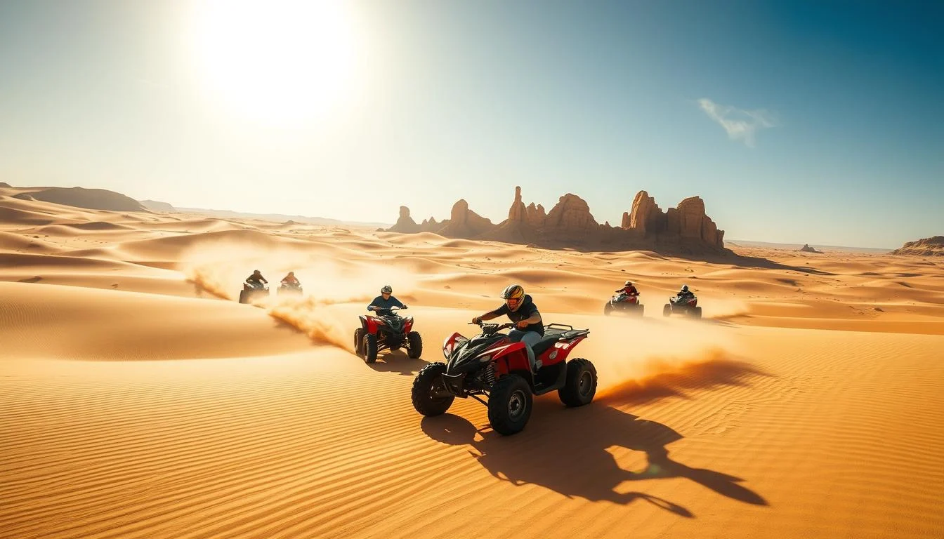 Tourists riding quad bikes across the golden sand dunes of the Dubai desert under a clear blue sky