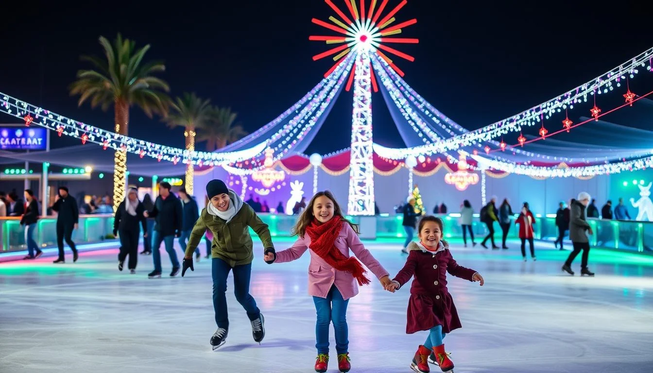 Families and children ice skating and laughing together on the Olympic-sized Dubai Ice Rink in Dubai Mall