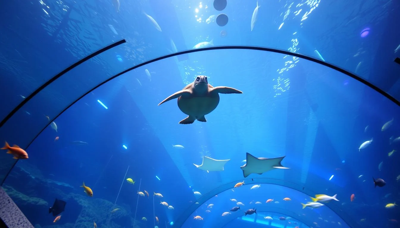 Tourists walking through the Dubai Mall Aquarium Tunnel, surrounded by various marine life including sharks and rays