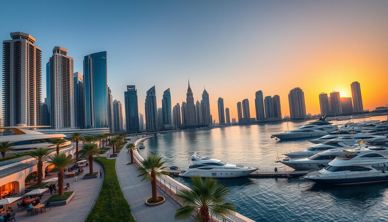 Luxurious yachts docked in Dubai Marina with towering skyscrapers in the background at sunset, reflecting in the calm water