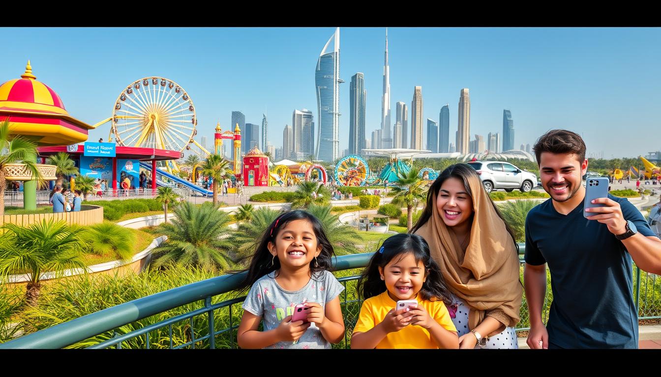 Families with children enjoying various rides and attractions at Dubai Parks and Resorts, including roller coasters and water slides