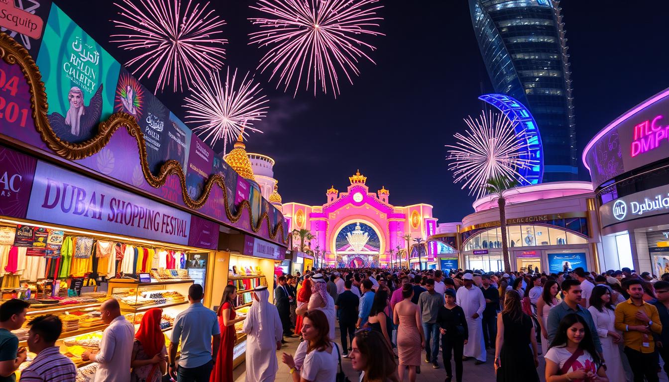 Crowds of shoppers enjoying the festive atmosphere and dazzling lights of the Dubai Shopping Festival at night