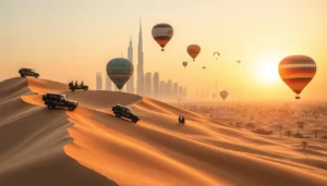 Tourists enjoying a thrilling desert safari in Dubai, with a 4x4 vehicle kicking up sand dunes under a vibrant sunset sky.