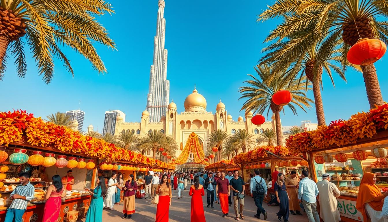 Tourists enjoying the vibrant atmosphere of the Dubai Shopping Festival with fireworks lighting up the night sky