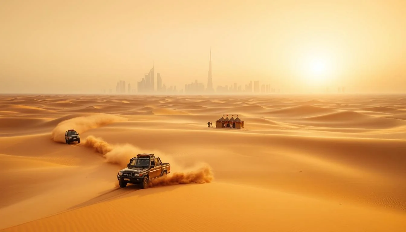 Tourists enjoying a thrilling dune bashing experience in a 4x4 vehicle across the golden sands of the Dubai desert at sunset
