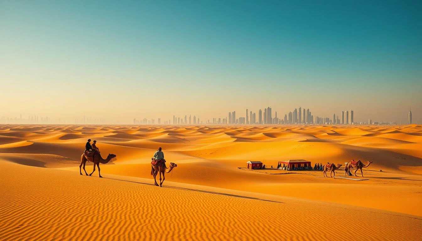 Tourists enjoying a thrilling dune bashing experience in a 4x4 vehicle during a Dubai desert safari at sunset