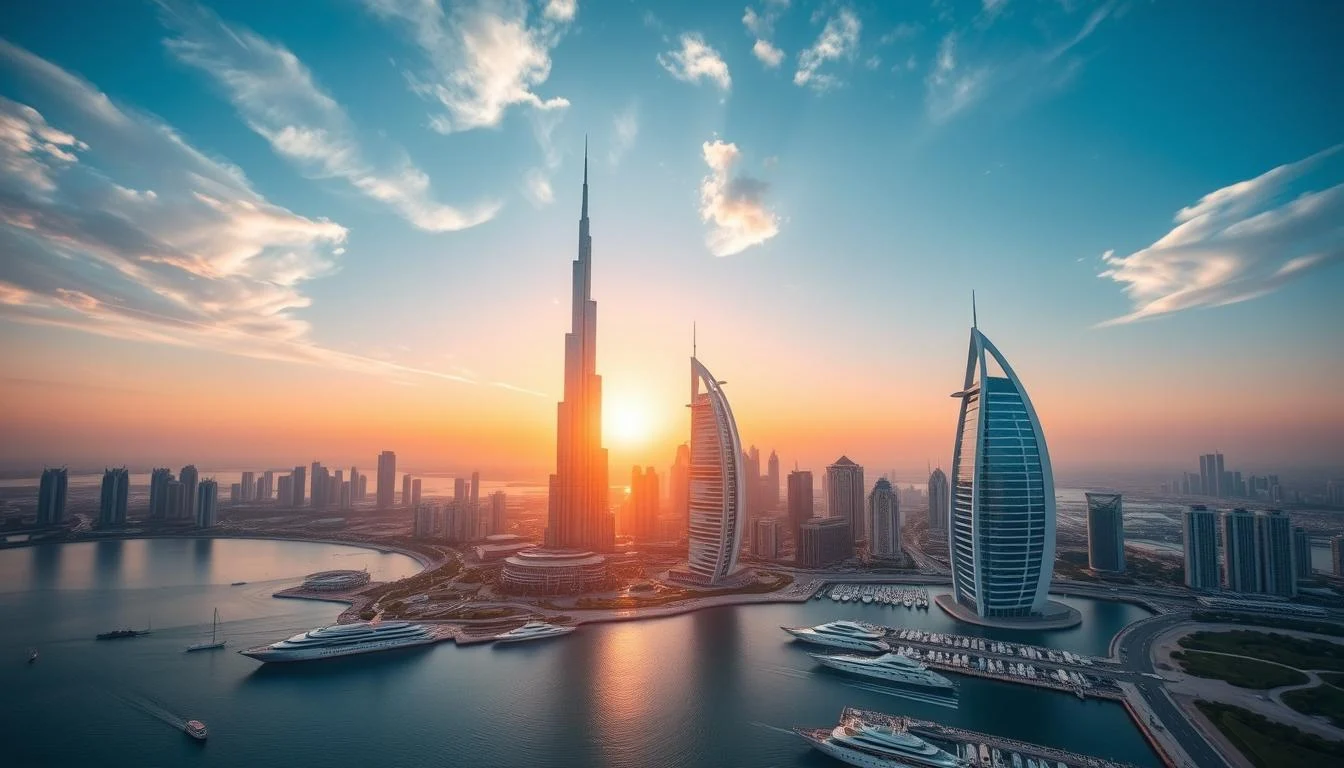 Tourists flying in a helicopter over Dubai's iconic landmarks, including the Burj Khalifa and Palm Jumeirah, at sunset