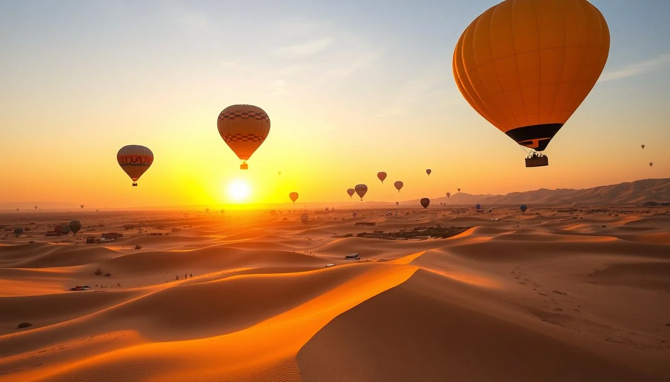A vibrant hot air balloon floats gracefully over the golden Dubai desert at sunrise, with the city skyline faintly visible in the distance.