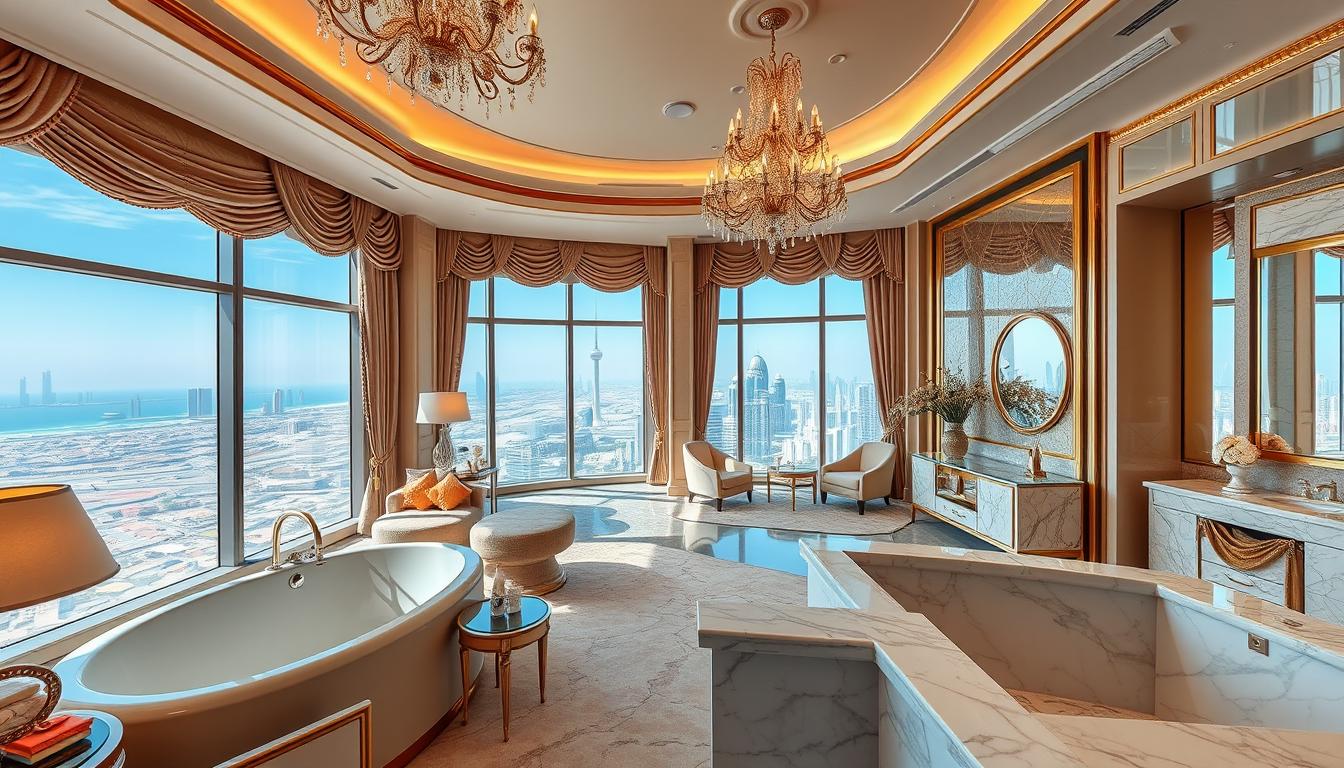 Luxurious hotel suite in Dubai with modern decor, large windows, and a view of the city skyline at sunset