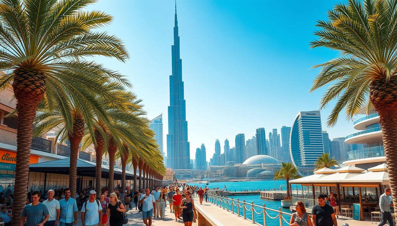 Tourists enjoying various activities in Dubai, including desert dune bashing and visiting the Burj Khalifa, during the pleasant February weather