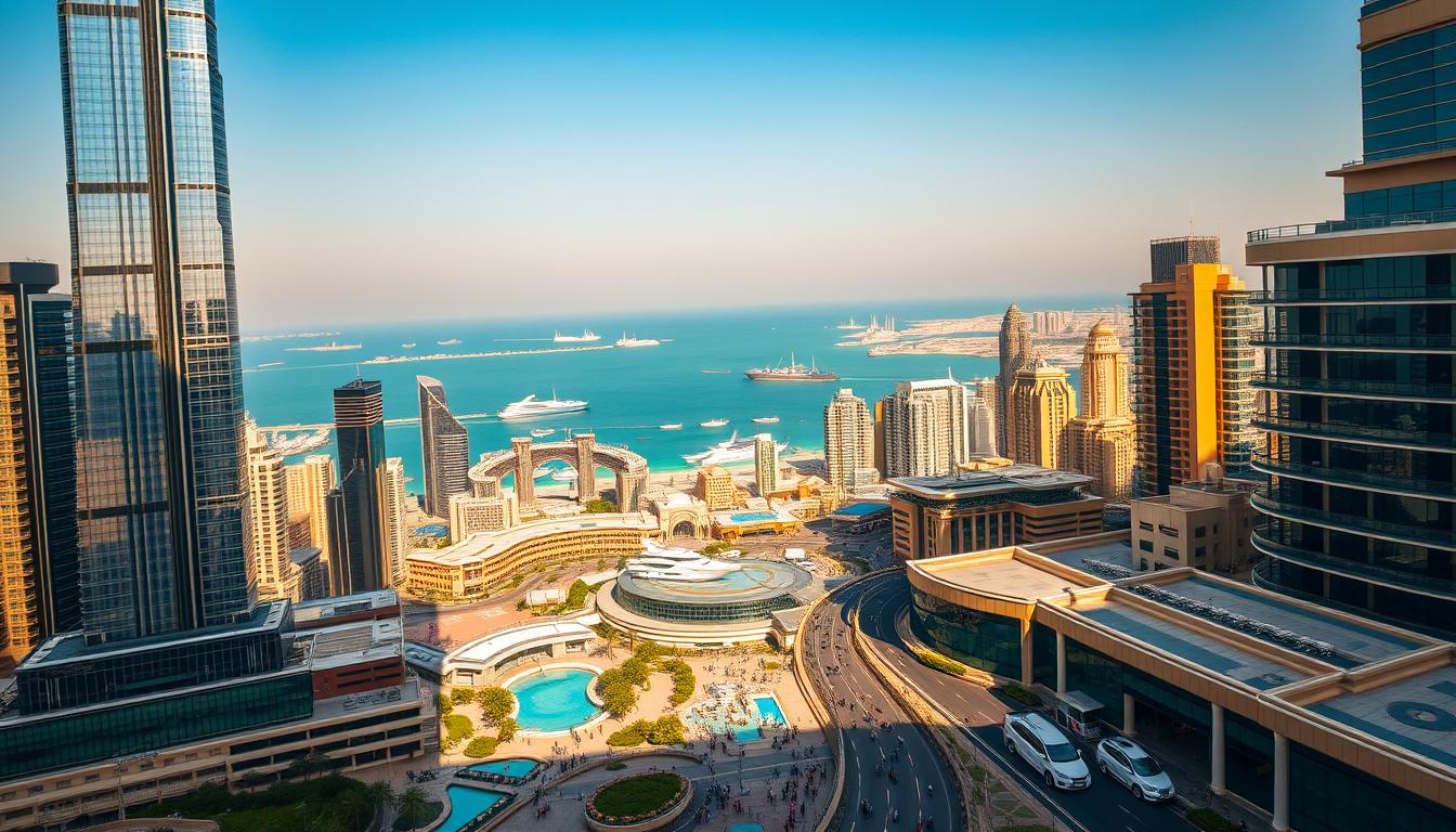 Tourists exploring the vibrant city of Dubai in January, with the iconic Burj Khalifa towering in the background under clear skies