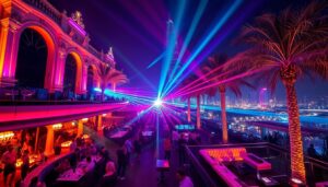 Bright lights and energetic crowd dancing inside a luxurious Dubai nightclub with a DJ performing on stage
