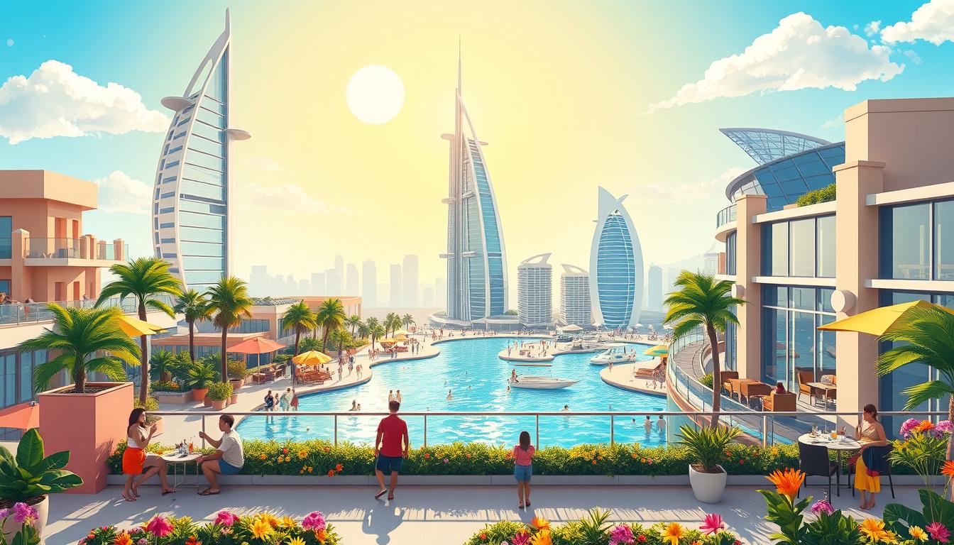 Tourists enjoying various indoor and outdoor activities in Dubai during the summer, highlighting ways to stay cool and have fun.