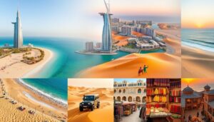 Tourists enjoying diverse Dubai travel experiences, from relaxing on Jumeirah Beach to thrilling desert adventures like dune bashing and quad biking.