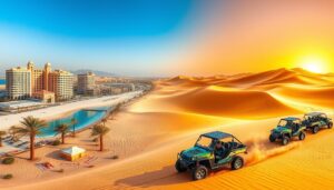 Tourists enjoying a thrilling desert safari in Dubai, with a 4x4 vehicle kicking up sand dunes under a clear blue sky