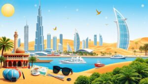 A vibrant cityscape of Dubai with towering skyscrapers reflecting the desert sun, showcasing the blend of modernity and culture.