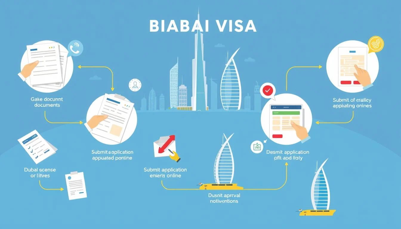 Tourists preparing documents for Dubai visa application process, holding passports and forms at a desk