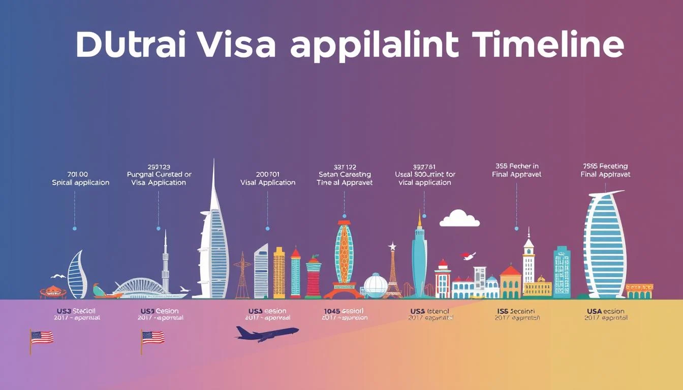 A detailed timeline infographic showing the steps and duration for obtaining a Dubai visa, with icons representing application, processing, and approv